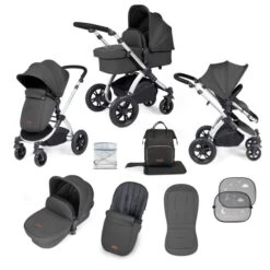 Ickle Bubba Stomp Luxe 2 In 1 Plus Pushchair & Carrycot - Silver/Charcoal Grey/Black