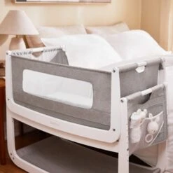 SnuzPod4 Bedside Crib & Mattress - Dusk Grey -Baby Products Store 10. sp4dusk sidepocket lr 1