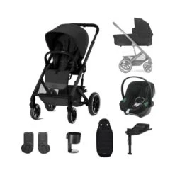 Cybex Balios S Lux Pushchair With Aton B2 Car Seat And Base 10 Piece Bundle - Moon Black (Black Frame)