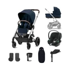 Cybex Balios S Lux Pushchair With Aton B2 Car Seat And Base 10 Piece Bundle - Ocean Blue (Silver Frame)