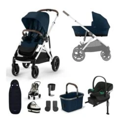 Cybex Gazelle S Lux Pushchair With Aton B2 Car Seat And Base 11 Piece Bundle - Ocean Blue (Silver Frame)