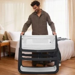 SnuzPod4 Bedside Crib & Mattress - Slate -Baby Products Store 5. sp4slate dadlift lr 1