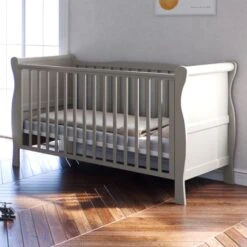 Angel Kids Sleigh Cot Bed & Fibre Cot Bed Mattress - Grey