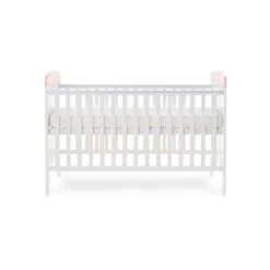 Obaby Grace Inspire Cot Bed & Fibre Mattress - Rabbit Pink -Baby Products Store watercolour rabbit side cot bed view high base 2