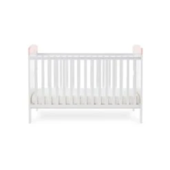 Obaby Grace Inspire Cot Bed & Fibre Mattress - Rabbit Pink -Baby Products Store watercolour rabbit side cot bed view low base 2