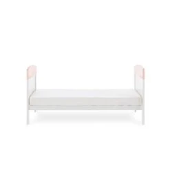 Obaby Grace Inspire Cot Bed & Fibre Mattress - Rabbit Pink -Baby Products Store watercolour rabbit toddler bed side view 2